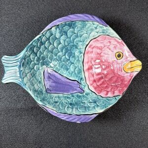 Vintage KOK 1991 Hand Painted Ceramic Fish Wall Hanging Platter Teal Pink Purple